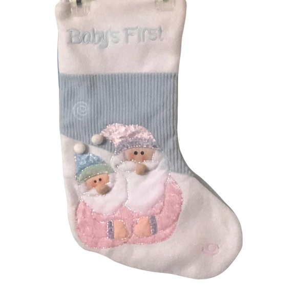 Baby's 1st Christmas Blue and White Embroidered Santa Gnomes Christmas Stocking - Picture 11 of 12